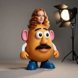 studio photo still of emma stone as a potato character hybrid, 8 k, studio lighting, key light from right side