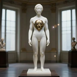 the full body shot of white wax sculpture!!! in bronze mask inside the room without doors and windows | interstellar movie by ridley scott with cinematogrophy of christopher doyle and art direction by hans giger, anamorphic bokeh and lens flares, 8 k, higly detailed masterpiece