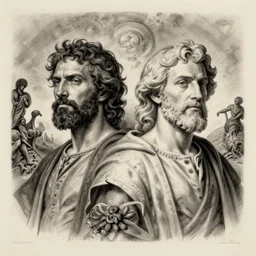 centered detailed portrait of virgil and dante in hell, art by jean giraud and moebius, gustave dore, grimy texture, realistic, expressive emotions, ink illustration