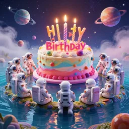twelve cosmonauts sitting by the river with + happy birthday at the top + big holiday cake + psychedelic colors + octane render + ue 5 + planets and stars + mystical fog + psychedelic colors + trippy colors + super detail, high quality