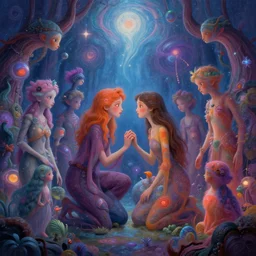 a psychedelic realm hidden away in a pocket of ethereal understanding, astral beings sharing love, in the style of greg rutkowski, and wlop, and lisa frank, and bob ross, and ruan jia, illustration, epic, fantasy, hyper detailed, smooth, unreal engine, sharp focus, ray tracing