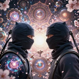 a headshot gemini ninjas wearing a cowl!!!!, facing each other!!!!!! surrounded by fractals and mandalas and cherry blossoms and hadron collider technology and metal gears and swirling bioluminescent energy!!!!!!!!!, art by peter mohrbacher and dan mumford, 8 k octane render, hyperrealistic, zbrush, cinema 4 d