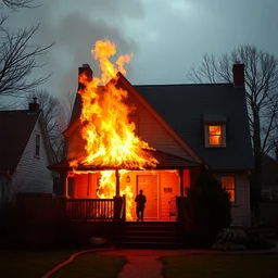 family home on fire, golden hour, bad weather, ultrahd, ultra sharp, hyper detailed, 8 k, shot on a 3 5 mm film camera, smooth sharp forcus, realism, tumblr aesthetic,