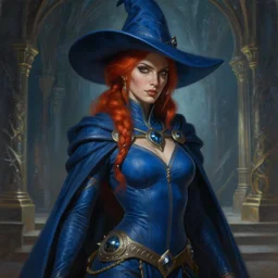 painting of alluring thaumaturge brown woman in the eldritch temple, detailed face, tied red hair, skintight blue tunic, cloak, pointy hat, obsidian accessories, high fantasy, dnd, smooth, sharp focus, award - winning, masterpiece, extremely detailed, intricate, art by rebecca guay, rossdraws