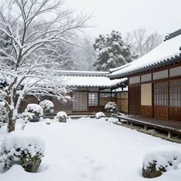 snowy Japanese courtyard