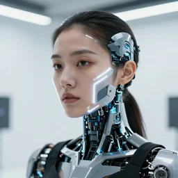 close up photo portrait of female dancer with cyberpunk robotic mechanic implants with linear bright led lights over face and neck, inside white room, ultra - realistic and detailed, 8 k
