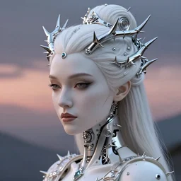 cinestill 5 0 d portrait shot of a dystopian baroque woman cyborg hybrid white queen thorns by flora borsi, in a twilight colors mood, intricate silver thorns hair style 1 9 4 0, elegant, highly detailed, digital photo art, artstation, sharp focus, 8 k, 3 d, head in focus, soft colours, tomasz alen kopera, peter mohrbacher. don