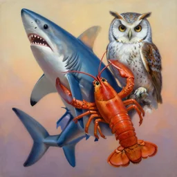 painting of hybrid between shark & lobster & owl!!!!!!!!!, intercrossed animal, by zdzislaw beksinski, by lewis jones, by mattias adolfsson, cold hue's, warm tone gradient background, concept art, beautiful composition, digital painting