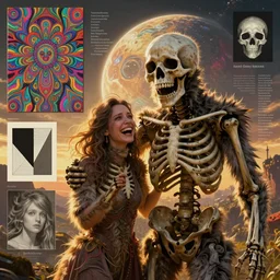 Skeletal a sobbing man and a happy women, furry creatures, highly detailed, half skull face, cinematic, infographic for imaginary animals, golden hour, backlit by an alien planet, sharp focus, psychedelic LSD manga, abstract oil painting by Raqib Shaw and joseph albers, MC Escher illustration, 8k,by Stanley Artgermm,Tom Bagshaw,Greg Rutkowski,Carne Griffiths, Ayami Kojima, Beksinski, Giger,trending on DeviantArt,hyper detailed,horror, full of colour, golden hour