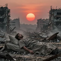 man waking up to realize that the world is over and all that is left is ashes all around him. the reddish orange sun creates a gray haze that illuminates all the fallen buildings ultrarealistic 1 5 0 mpx