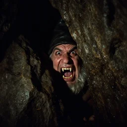 a gnome partially obscured by rock in a dark cave, mouth open with pointy teeth, sweaty face, wet glistening rock, dark, scary atmosphere, directed by mario bava