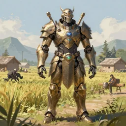 “digital painting of a fantasy hero in highly detailed, very intricate mech armor in a farming village.”