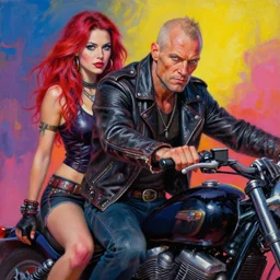 an apocalyptic scifi orcish biker character sitting on a motorcycle with his hot babe girlfriend, psychedelic vibrant colors, highly detailed oil painting by michael whelan art, futuristic punk rock fashion, perfect face, sharp focus, detailed eyes, realistic, leather jacket, 8 k