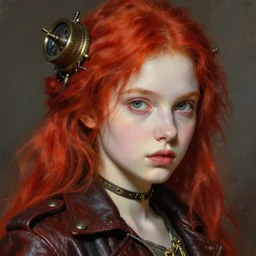 head and shoulders portrait of a young girl in a leather jacket, pale skin, red hair, vibrant color, steampunk, high detail, beautiful painting by artgerm, mucha, jia, jakub rebelka