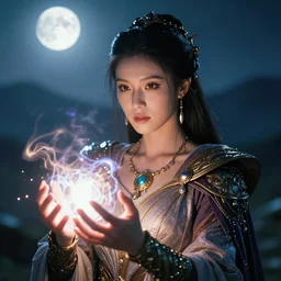 closeup of a very good looking fantasy sorceress wearing amazing detailed clothes, holding magical glowing energy in her hands!!!! in the moonlit mountains, dramatic lighting, lens flare, 3 5 mm f 1. 2, professional photography, kodak ektar