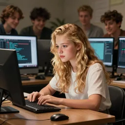 an e - girl blonde trying to learn python on a mac surrounded by mid tech bros overwhelming her with bad advice in the style of a norman rockwell painting
