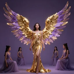 alone woman with gold and purple wings, glowing detail, by wenjun lin and artem chebokha and alena aenami and ian llanas, 4 k