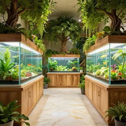 rustic inside of spaceship aquaponics farm with fish, floor - to - ceiling aquariums, lots of trees and vines, fruiting plants, vegetables, flowers, ivory, wood, gold, marble, photorealistic, ultra render, unreal engine, hyper detailed, ambient lighting, 8 k