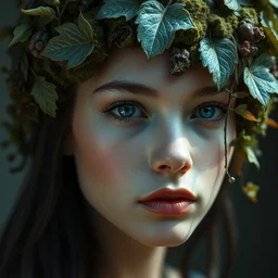 a fantasy portrait of beautiful girl by irakli nadar and stefan gesell with intricate detailed moss and leaves headdress, melting wax, mycelia, abstract impressionism, ruan jia, hyper detailed, concept art, by gustav klimt, by sue bryce, moody lighting