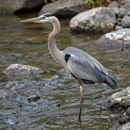 giant dinosaur - like great blue heron wading in a rocky river