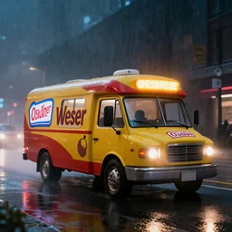 Hyperdetailed, photorealistic photograph of a oscar mayer weinermobiledriving in the streets, rain, night, dense fog, HD, unreal engine