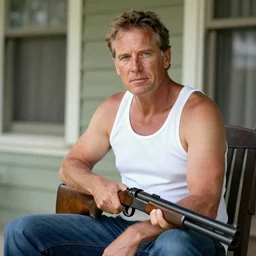 geert wilders in a white tanktop sitting on his front porch holding a shotgun