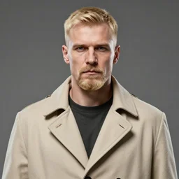 portrait of blonde viktor reznov from call of duty : world at war with a beige coat, a blonde goatee, short hair, beige fedora, and sunglasses, holding a wooden sniper rifle, establishing shot, by yoji shinkawa, metal gear concept art, ink, white background
