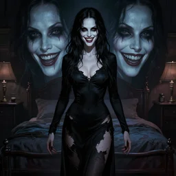 in the style of joshua middleton, gorgeous alyson hannigan, evil dead movie, full body shot, torn black dress, evil smile, spooky, illustration, symmetrical face realistic symmetrical eyes, bedroom setting, charlie bowater, artgerm, cinematic lighting, evil dead, undead demon, hyperdetailed