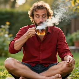 mr robert is drinking fresh tea, smoke pot and meditate in a garden from spiral mug, detailed glad face, muscular legs, happy toes, golden hour closeup photo, red elegant shirt, eyes wide open, ymmm and that smell