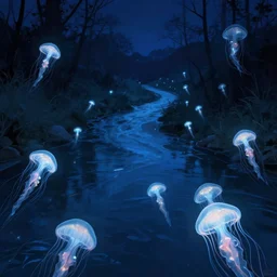 glowing jellyfish immigration down a river, evocative, mystical night, detailed, award winning, trending on artstatioon artwork by Artgerm,