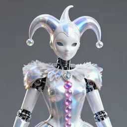 front shot of a court jester!!!! character, polished, glossy, holographic crystals, bionic futurism, robotic cyborg, 8 5 mm f 1. 8, ominous elegant ( ( complex ) ) highly detailed concept, polygonal shards, artstation sharp focus ray tracing cinematic masterpiece fine portrait, by artgerm greg rutkowski tooth wu beeple
