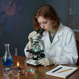 a tall emo girl, a microscope, a beaker of green liquid, a test tube of red liquid, a flask of blue liquid, a bunsen burner, a petri dish, a lab coat, a pair of safety goggles, a pair of latex gloves, a lab notebook, a pencil, zen, sensual, surrealist, by magritte and monet