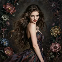portrait of a young female wizard in flowing sensual dress, arrogant, long fine flowing hair, delicate, looking at camera, slight nerdy awkward smile, realistic face, stylish, elegant, grimdark fantasy, flowers, mysterious, extremely detailed painting inspired by Gerald Brom and Ernst Haeckel and Victor Nizovtsev, studio lighting