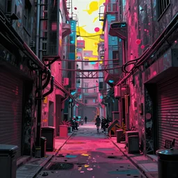 landscape cyberpunk alley splash art graphic design color splash high contrasting art, fantasy, highly detailed, art by greg rutkowski