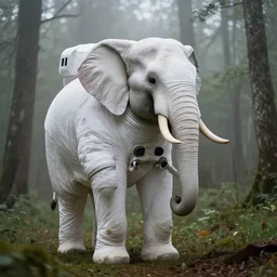 giant elephant in white spacesuit as astronaut in the woods, foggy mood, overcast bokeh - c 6
