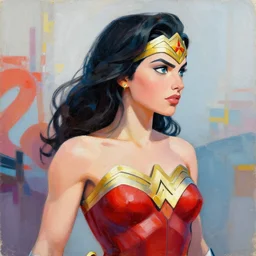 greg manchess portrait painting of a wonder woman as overwatch character, medium shot, asymmetrical, profile picture, organic painting, sunny day, matte painting, bold shapes, hard edges, street art, trending on artstation, by huang guangjian and gil elvgren and sachin teng