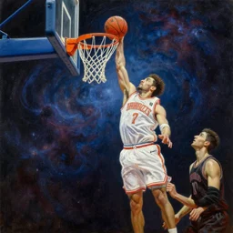 cosmic basketball player dunking a basketball hoop in a nebula, an oil painting, by ( leonardo da vinci ) and greg rutkowski and rafal olbinski ross tran airbrush time magazine
