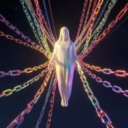 surreal environment suspended in space by god - like rainbow chains, blender eevee, crepuscular, in the style of wlop, greg rutkowski