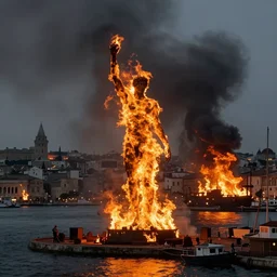 the colossus in flames, in a harbor, an ancient city on fire in the background, heavy smoke, 4k