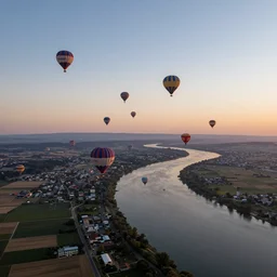 aerial photography, river scenery, hot air balloons, flying, dusk