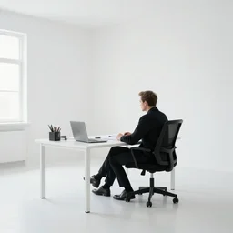a man sitting in a white empty office near his table, stickerman style