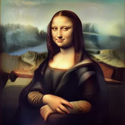 a portrait of a woman painted by italian renaissance chiaroscuro. style the woman in the painting is shown seated with her hands folded in her lap. she is wearing a simple dress with a pattern of flowers. her hair is pulled back from her face and she has a small, faint smile. the background of the painting is a landscape of rolling hills and mountains. the sky is a light blue, and there are small clouds in the distance.