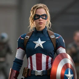 Danielle Panabaker as Captain America, promotional film still from The Avengers, 4k, high quality, detailed