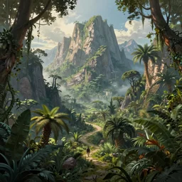 an epic historical depiction of paleozoic pangea jungle and mountains, in the style of greg rutkowski, alphonse mucha, digital painting, unreal engine, atmospheric, extremely detailed masterpiece, cinematic lighting