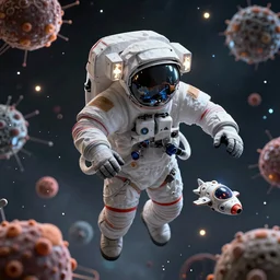 an epic portrait of a micro astronaut entering microscopic multiverse of atoms madness with a tiny micro spaceship, cinematic lighting, trending on Artstation, highly detailed, insane details
