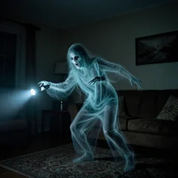 horror demon evil transparent spirit attacks in living room interior coloured photo close shot on iphone, dynamic pose, sharp focus, grainy, corpse, paranormal, long exposure, cinematic light, flashlight, night, total darkness, poltergeist, aberrations,