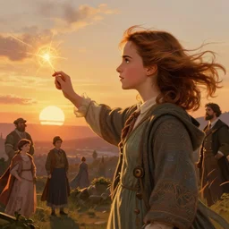 digital art, emma watson as hermione granger [ 2 0 0 4 ], casting a spell, watching the sunset, during golden hour, wind blowing, details, sharp focus, illustration, by jordan grimmer and alphonse mucha and greg rutkowski and thomas kinkade and william adolphe bouguereau, intricate, beautiful, trending on artstation.