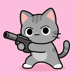 cute grey cat plays apex legends, comic style, video game, pink background