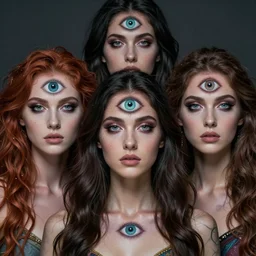 !5 three eyed goddesses, third eyes middle of foreheads, very wide wide shot, very hairy bodies, beautiful colors, eyes in forehead, beautiful lighting, detailed photographs, very detailed, eyes reflecting into eyes reflecting into infinity