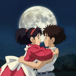 looking at the moon, anime by Studio Ghibli, realistic, by Hayao Miyazaki